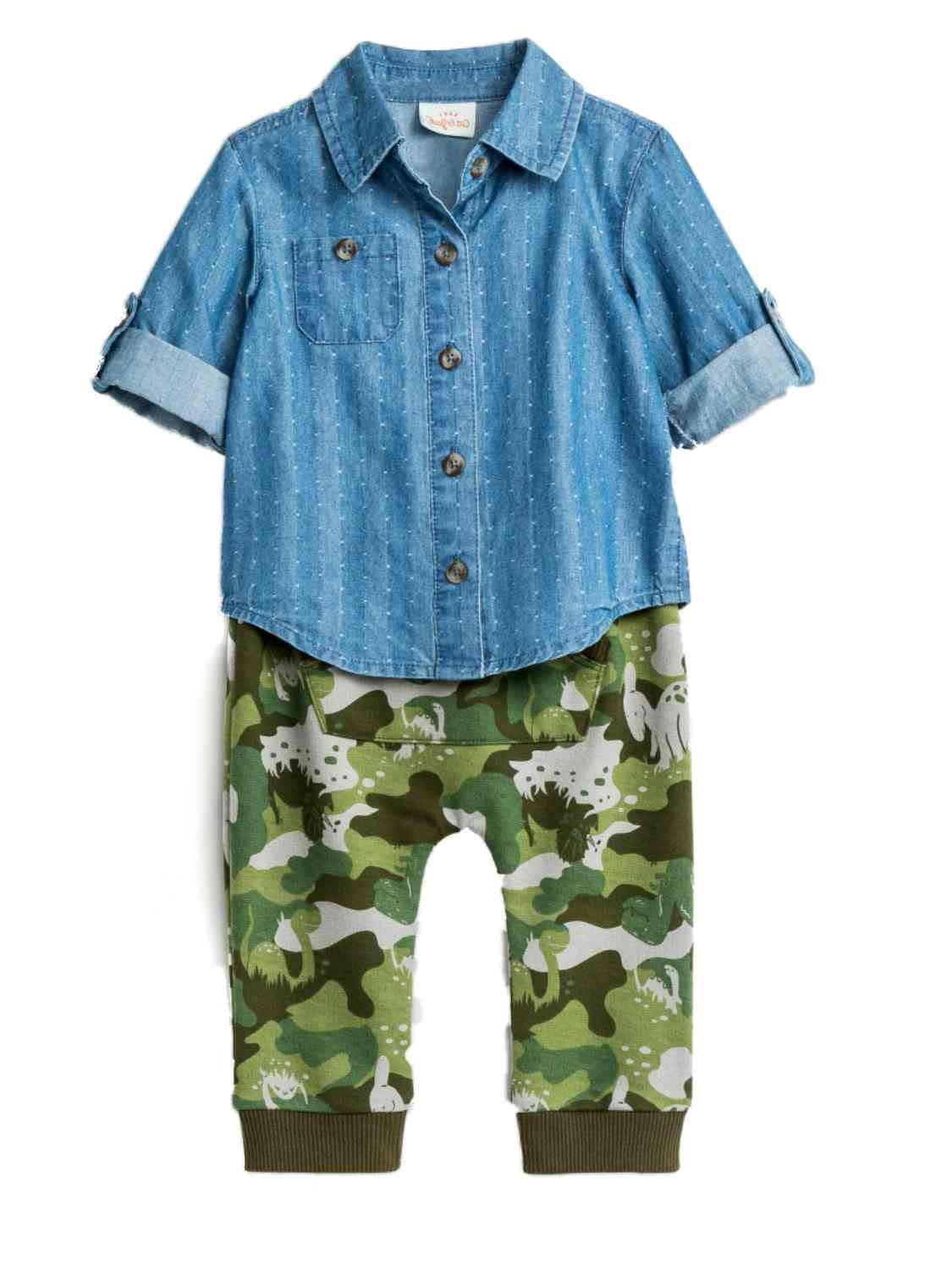 Kid Boys Denim T-shirt Long Sleeve Button Tops+Camouflage Pants 2Pcs Outfits Set 