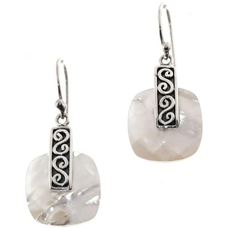 Silver And Mother Of Pearl Cufflinks - White Checkerboard Mother of Pearl 925 Sterling Silver Filigree Earrings, 1