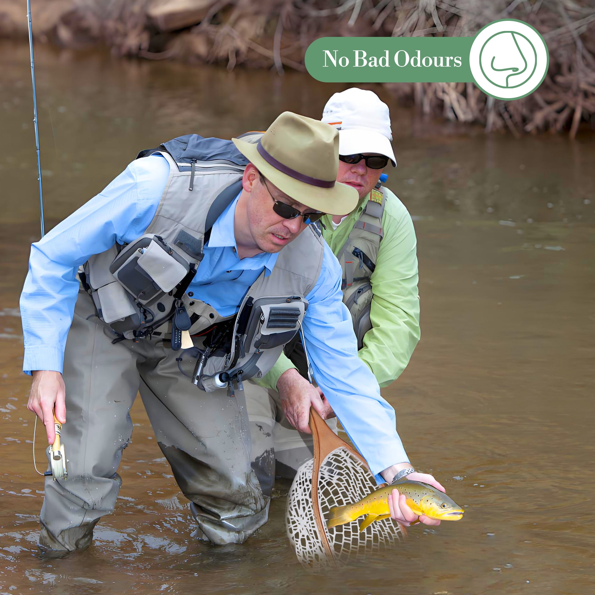 Superior Fly Fishing Landing Net – Lightweight & Durable – Rubber-Coated Fine Mesh – Wooden Ergonomic Handle