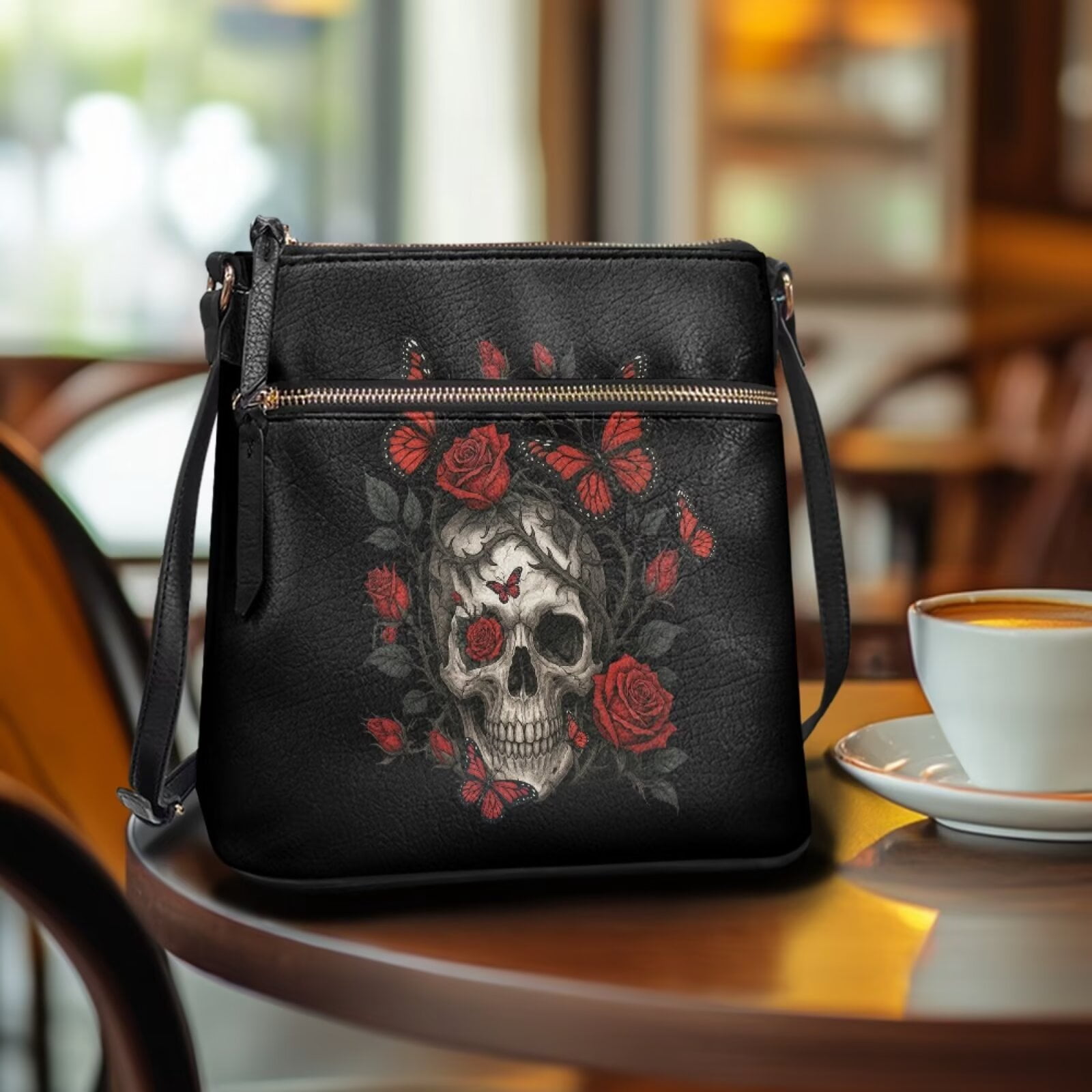 DISNIMO Crossbody Shoulder Bag Skull Butterfly Rose Print Satchel Shoulder Handbag with Zipper Fashion Leather Bucket Bags for Women