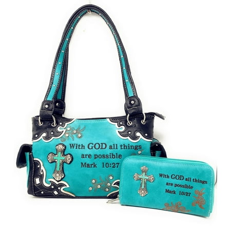 Premium Rhinestone Bible Verse Stone Cross Concealed Carry Handbag/Wallet In Multi
