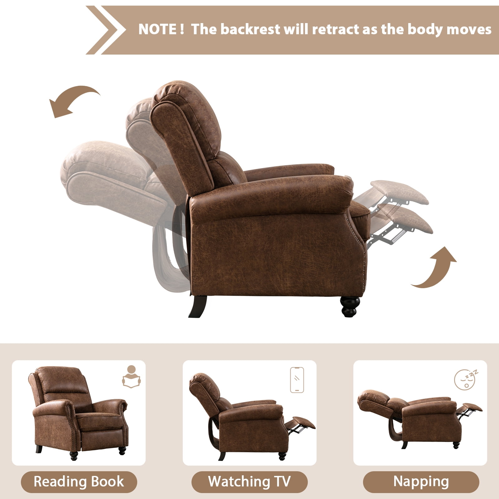 Ebello PU Leather Pushback Recliner Chair with Nailhead Trim - Vintage Style Push Back Lounge Chair for Bedroom & Living Room 350lbs Capacity, Brown