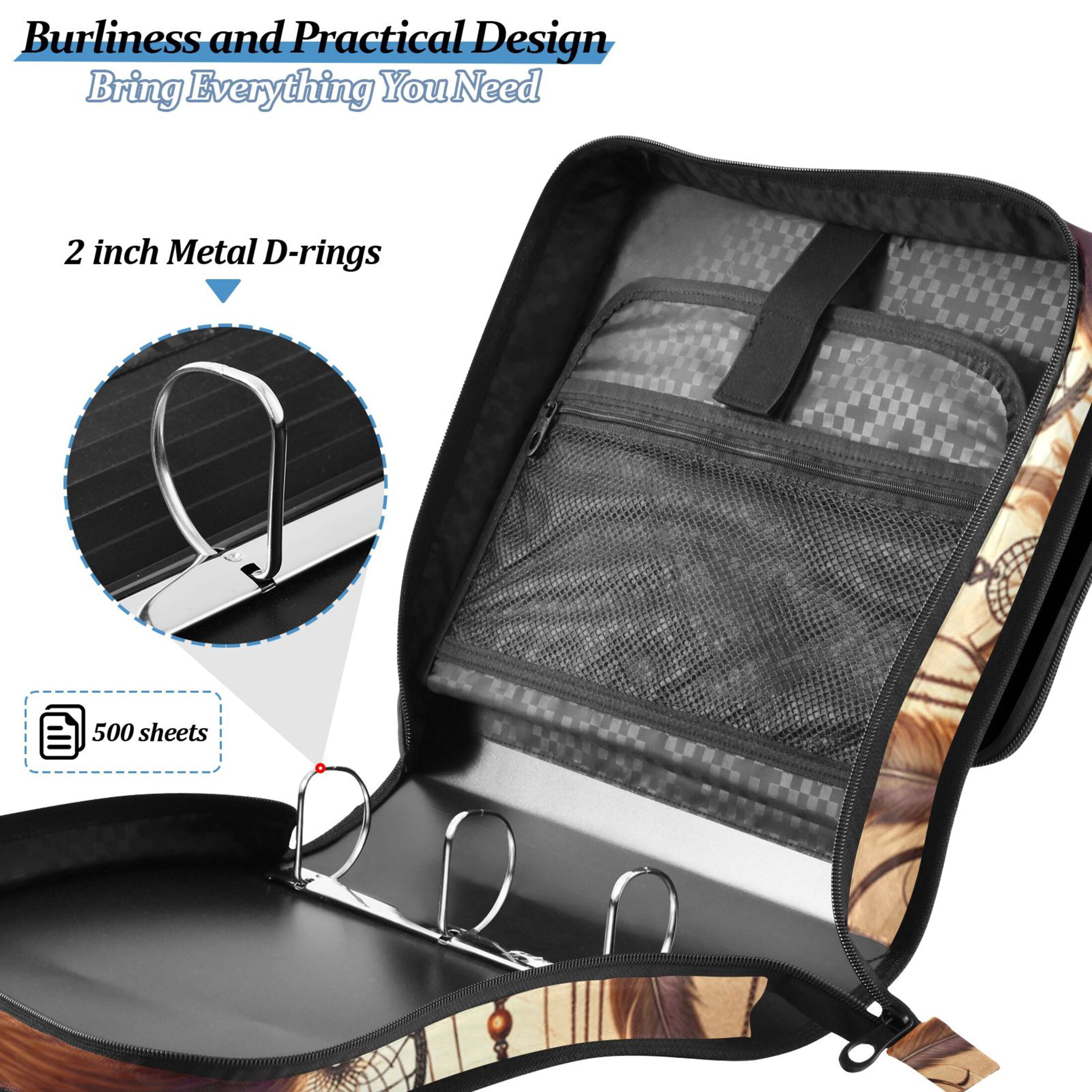 3 Ring Zipper Binder with Shoulder Strap Waterproof Trapper Keeper 2 Inch D-Ring 500 Sheets Capacity Foxes Flower Ring Feathers