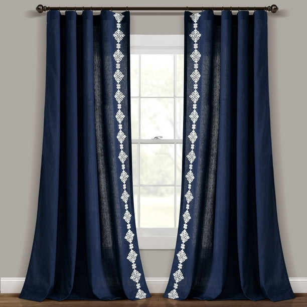 Lush Decor Panel de Cortina para Ventana con Borde Bordado Estilo Lino Geométrico Moderno de Lujo Azul Marino, Individual, 52 X 84