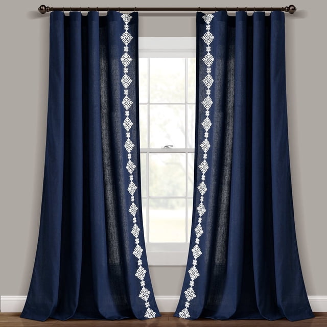 Lush Decor Panel de Cortina para Ventana con Borde Bordado Estilo Lino Geométrico Moderno de Lujo Azul Marino, Individual, 52 X 84
