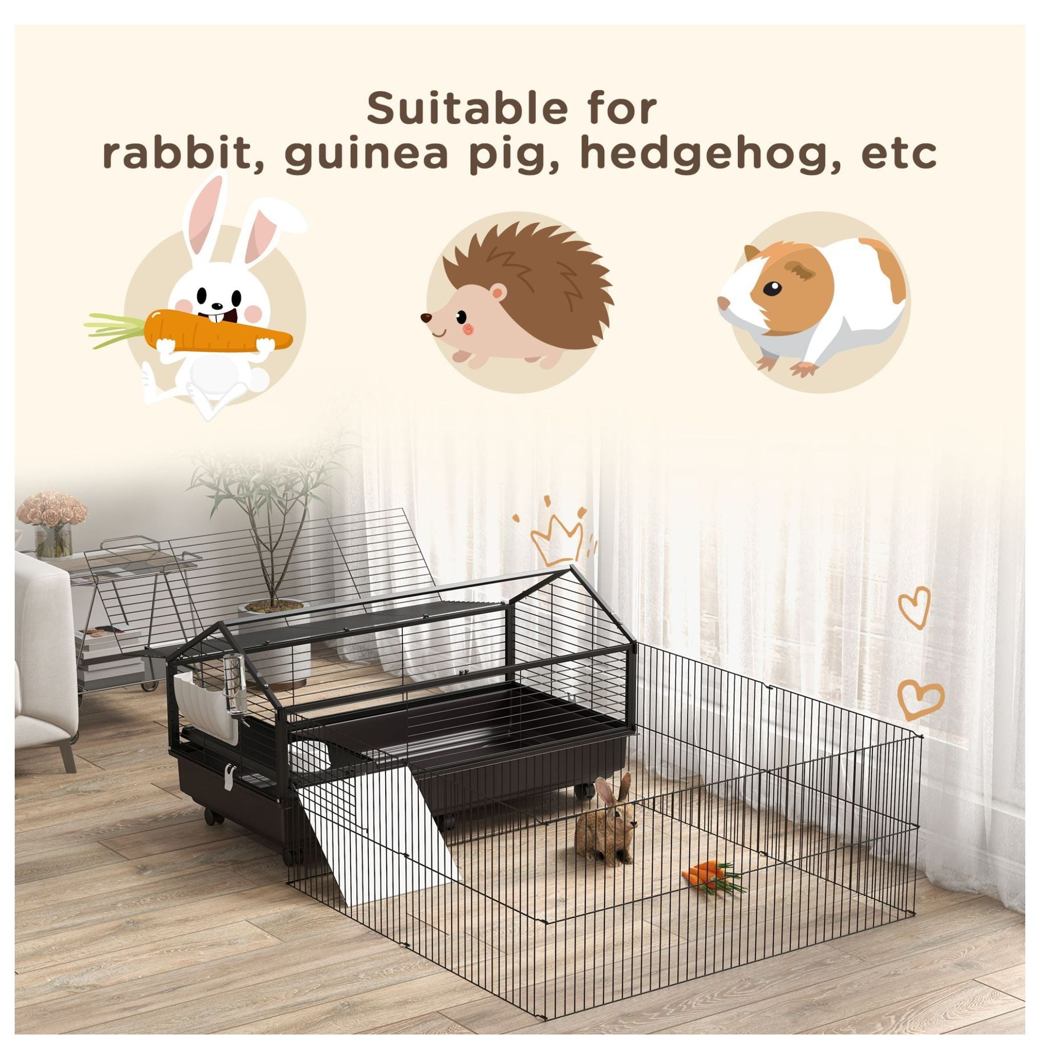 Rolling Small Animal Cage with Foldable Run Bunny Cage Black includes Water Bottle Bowl Ramps