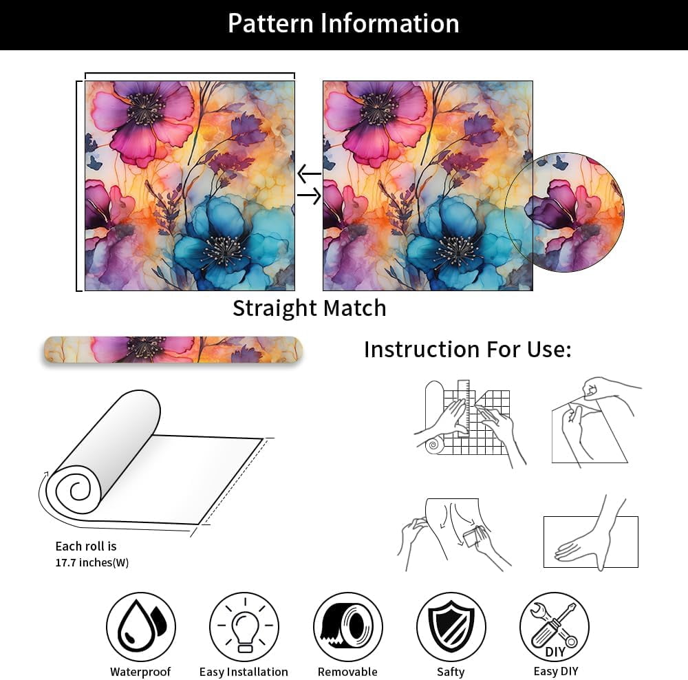 Pink Blue Watercolor Abstract Modern Flowers Peel and Stick Wallpaper Contact Paper Vintage Vinyl Stick on Wall Paper for Bedroom Bathroom Kitchen Cabinet Renter Friendly