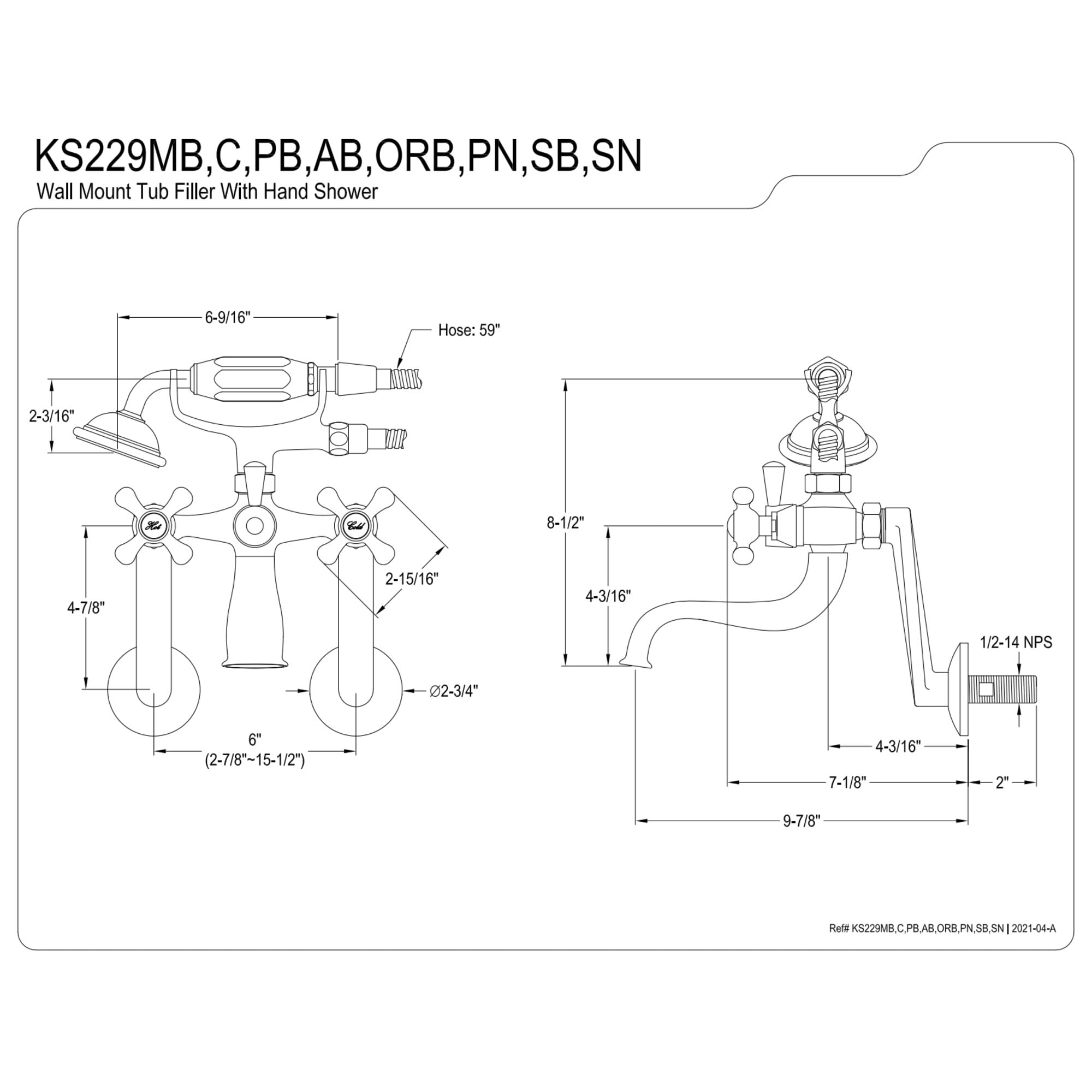 Kingston Brass KS229SB Kingston Wall Mount Clawfoot Tub Faucet with Hand Shower, Brushed Brass