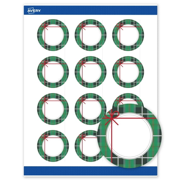 Avery Labels, 2" Diameter, Silver-Green Plaid, Matte, 120ct