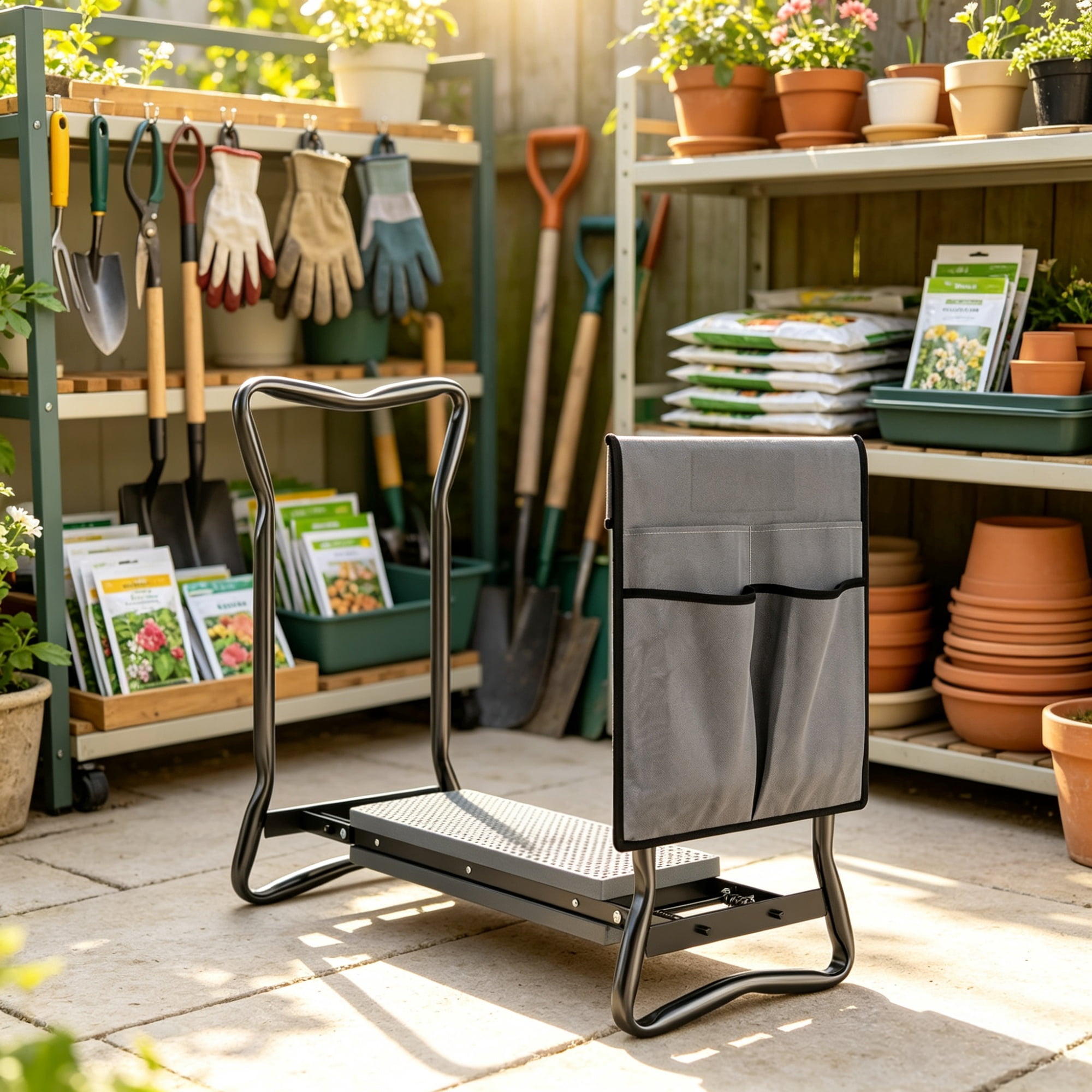 Foldable Garden Kneeler and Seat, Heavy Duty 2-in-1 Stool with EVA Pad and Detachable Tool Pouch, Gray