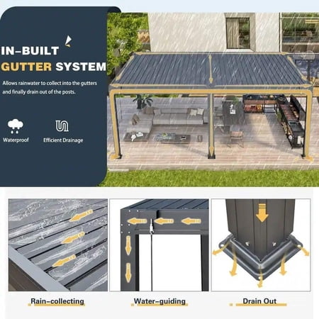 Erommy Outdoor Louvered Pergola Gazebo with Adjustable Aluminum Rainproof Roof 12'x16' Pull Down - Dark Gray