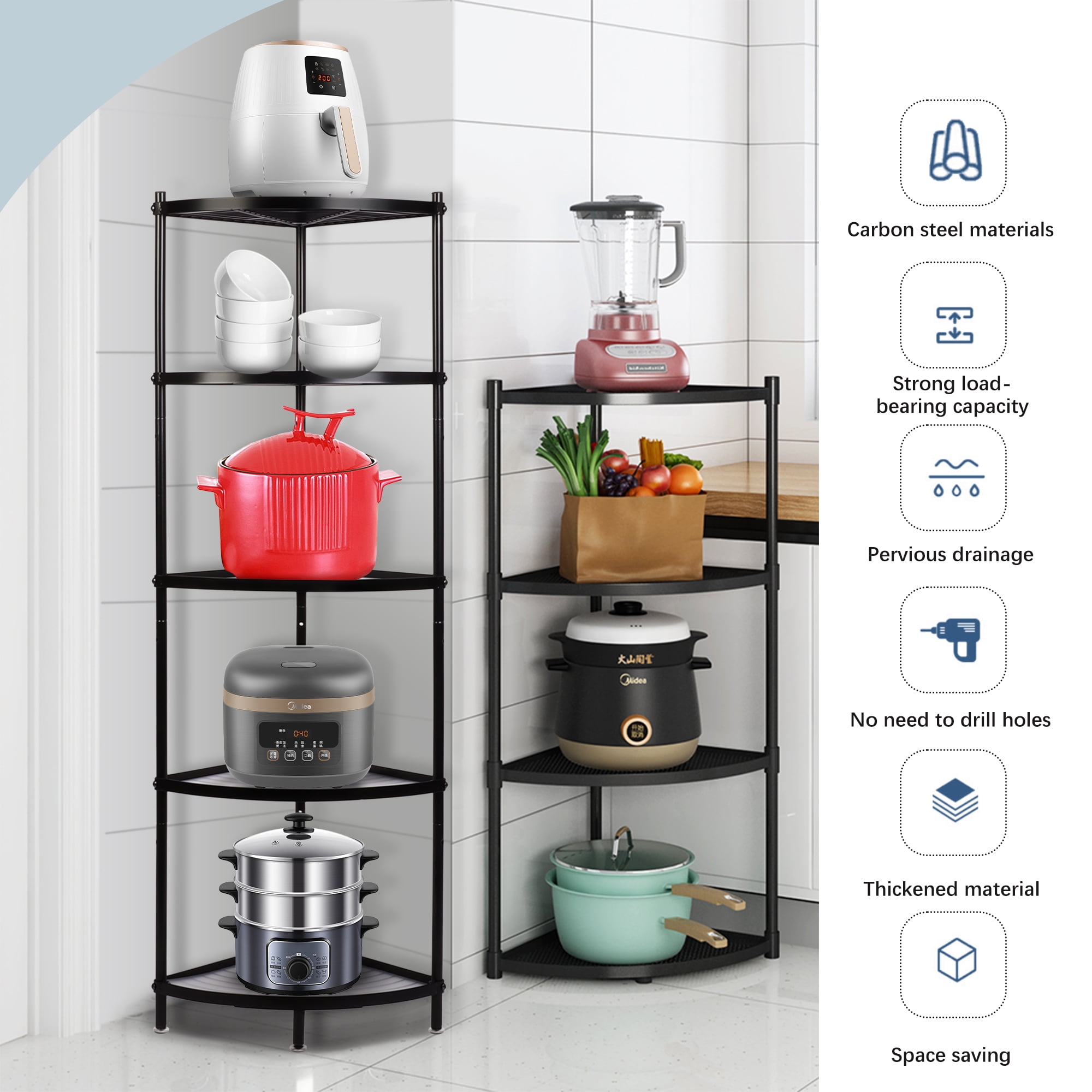 petoto 5-Tier Kitchen Pot Rack Stand Metal Wire Corner Shelf Rack Multi-Layer Storage Organizer Space Saving Storage Rack for Living Room, Office, Kitchen, Black