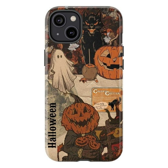 Vintage Halloween Delight iPhone Case – Retro Ghost, Pumpkins & Black Cat Design, Durable Phone Protective Cover for iPhone 16 15 14 13 12 11 Mini Pro Max