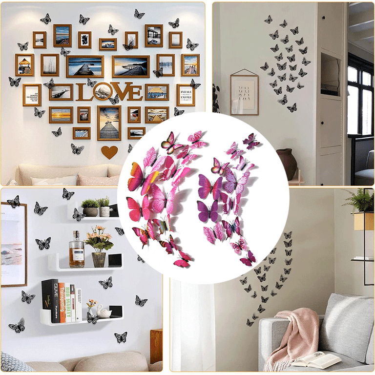 16 Pieces Feather 3D Butterfly Wall Decals Gold Glitter Butterfly Decor Stickers For Room Offices Bedroom Bathroom Living Room Decor(Light Pink