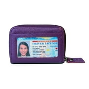 KALMORE Womens Genuine Leather RFID Secure Zipper Card Wallet with ID Window