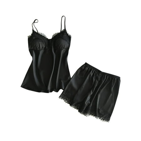 

FASHIONWT Womens Satin Silk Lace Lingerie Shorts Pajamas Set Sleepwear Nightwear