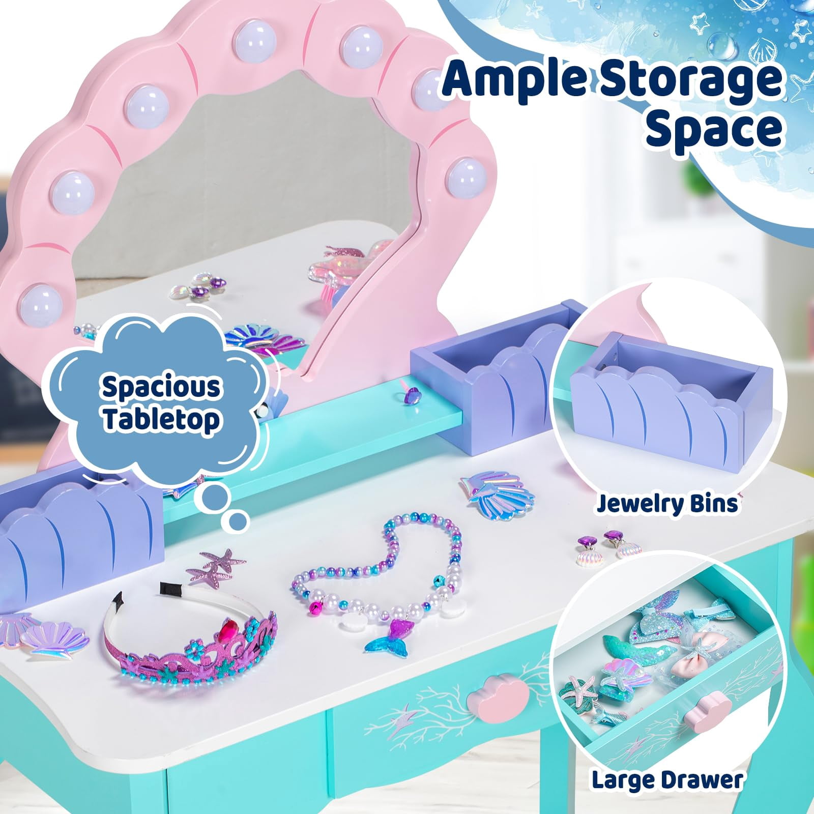 BRINJOY Kids Vanity with Lights, Wooden Princess Vanity for Girls, 2 in 1 Ocean Theme Toddler Dressing Table and Chair Set, Little Girl Makeup Vanity with Mirror for Children Birthday Christmas Gift