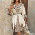 thumbnail image 4 of WTOBBY Women's Fashion Floral Print V-Neck 3/4 Sleeve Tie Waist Dress, Casual Midi Dress with Flattering Silhouette for Day to Night Transition,Beige L, 4 of 6