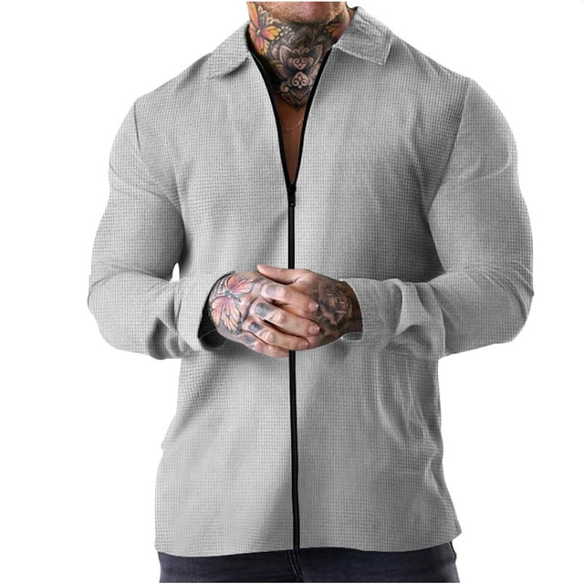KIHOUT Men's Spring Coat Solid Color Zipper Long Sleeve Turn-down Collar Jacket Casual Cardigan with Pocket,Size S-3XL