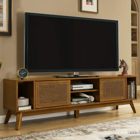 TV Stand 67.9 Inch Mid Century Modern Rattan TV Stand for TVs up to 75", Entertainment Cabinet, Media Console for Living Room Media Room, Solid Wood Feet & Rattan Cabinet Doors - Light Walnut,Enterta