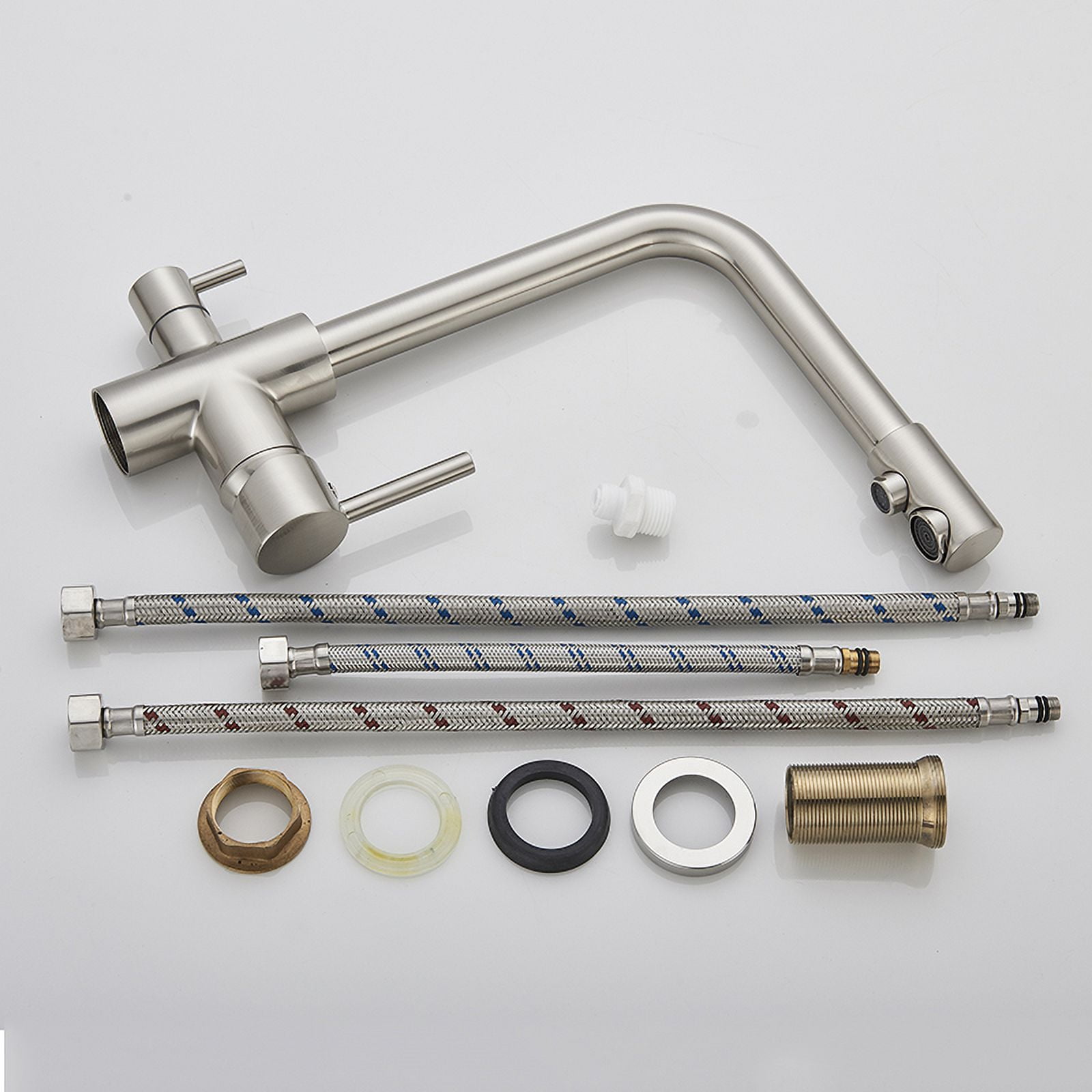 Brushed Nickel Filter Kitchen Faucet, Drinking Water Kitchen Tap, Deck Mounted Dual Handles 3-Way Hot Cold Water Mixer