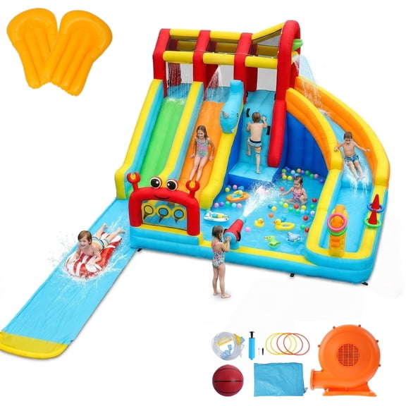 Veeboto Inflatable Water Slide with 750W Blower, Water Park Featuring 3 Slides, Pool, Water Cannon, Ball Net, Ball Hoop, Ring Toss Pole, Climbing Wall, Bounce House for Ages 3-12
