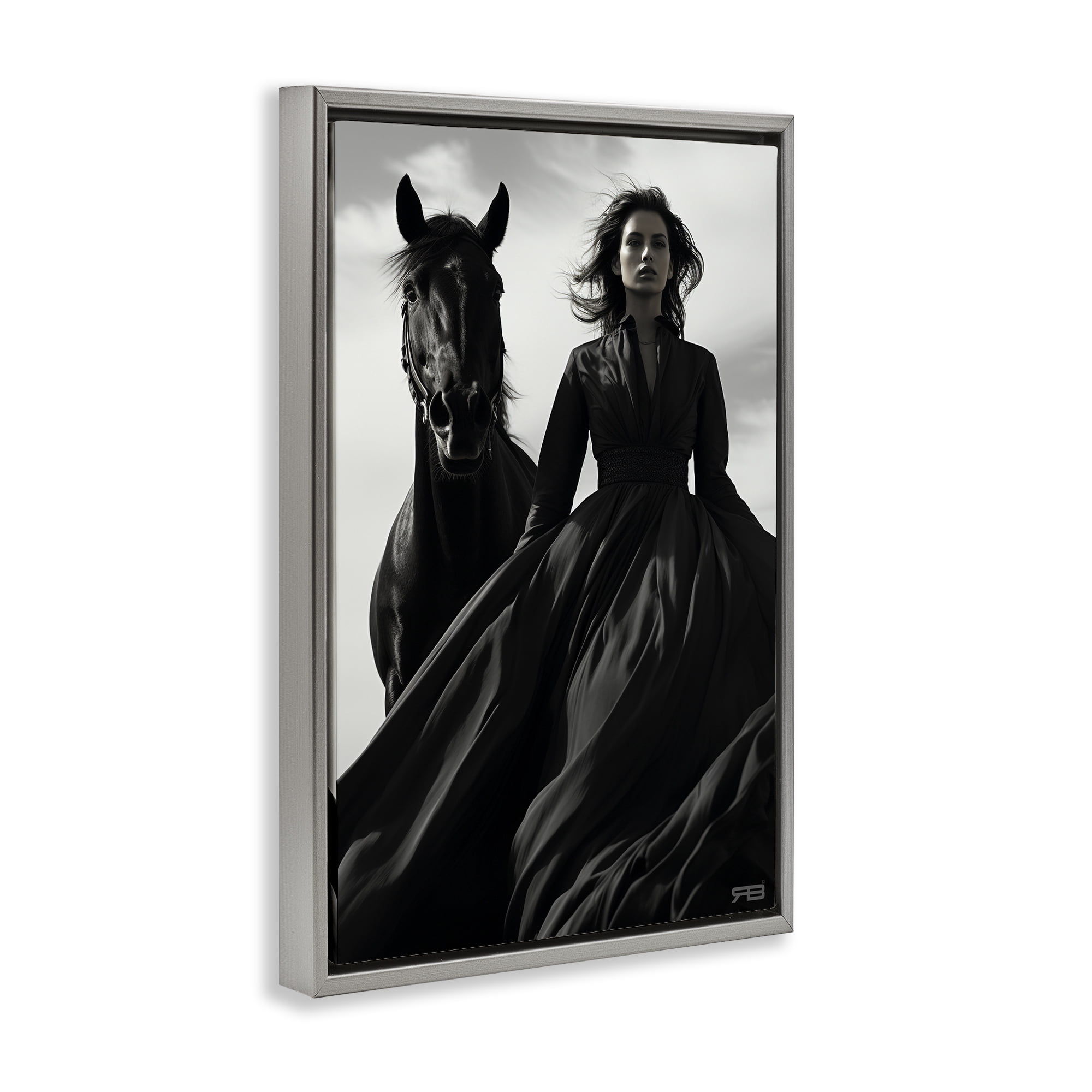 Stupell Industries Trendy Woman with Horse People Painting Gray Floater Framed Canvas Art Print Wall Art, 17 x 25