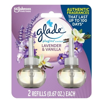 Glade PlugIns Refill 2 CT, Lavender & Vanilla, 1.34 FL. OZ. Total, Scented Oil Air Freshener Infused with Essential Oils