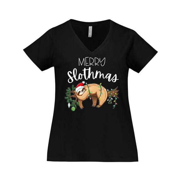 Inktastic Merry Slothmas Cute Christmas Sloth in Hat with Lights Women's Plus Size V-Neck T-Shirt
