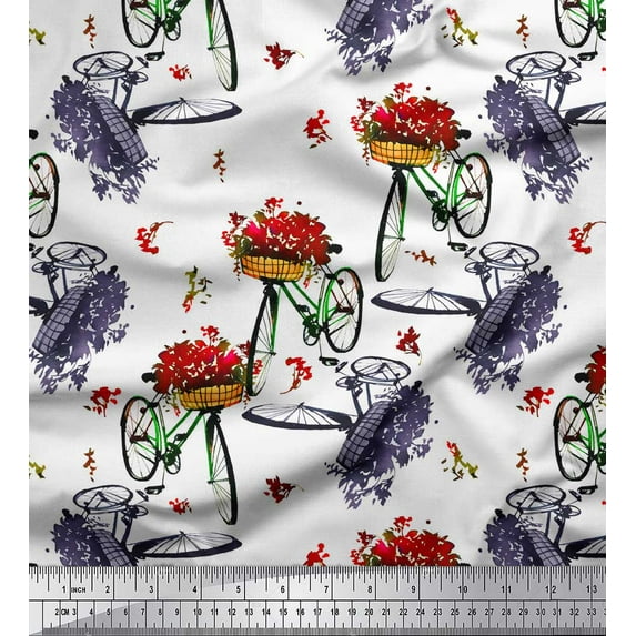 Soimoi White Silk Fabric Flower Basket & Bicycle Transport Print Fabric by the Yard 42 Inch Wide