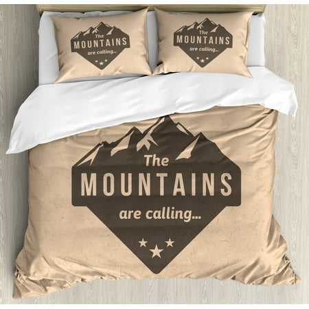 Adventure Queen Size Duvet Cover Set, Mountains are Calling Quote on Peach Backdrop Vintage Style Journey Climbing Art, Decorative 3 Piece Bedding Set with 2 Pillow Shams, Peach Black, by