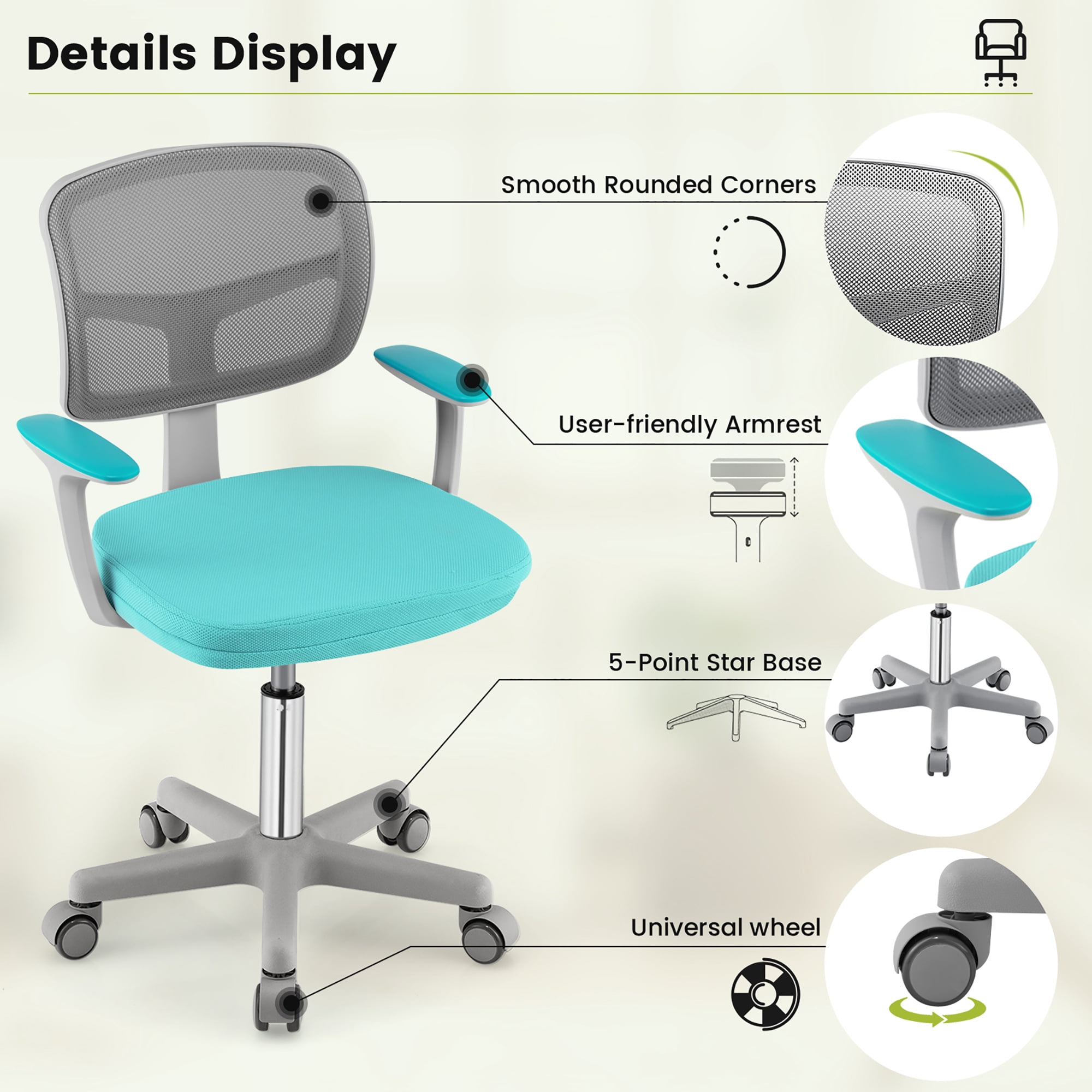 Gymax Kids Desk Chair Adjustable Height Children Study Chair w/Auto Brake Casters Green