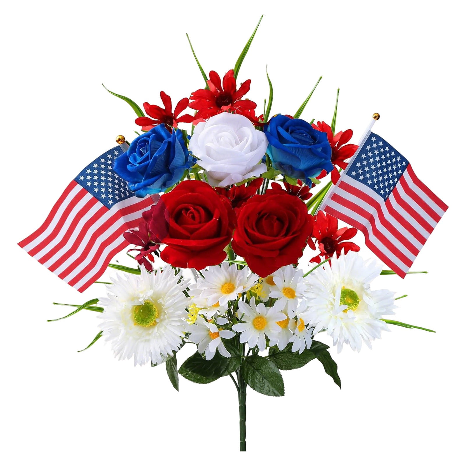 Patriotic Artificial Flowers,Mixed Bush Memorial Day Flower - Red White Blue Flowers Patriotic Memorial Bouquet - 4th of July Flowers for Home Decor,Cemetery, Silk Floral Arrangement,Table  Indoor
