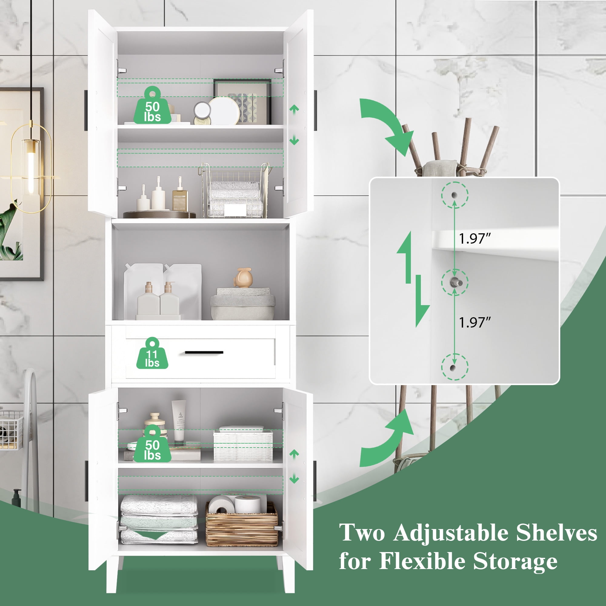 Euroco Tall Bathroom Storage Cabinet with Adjustable Shelves, Soft-Close Doors, and Drawer, Water-Resistant Finish