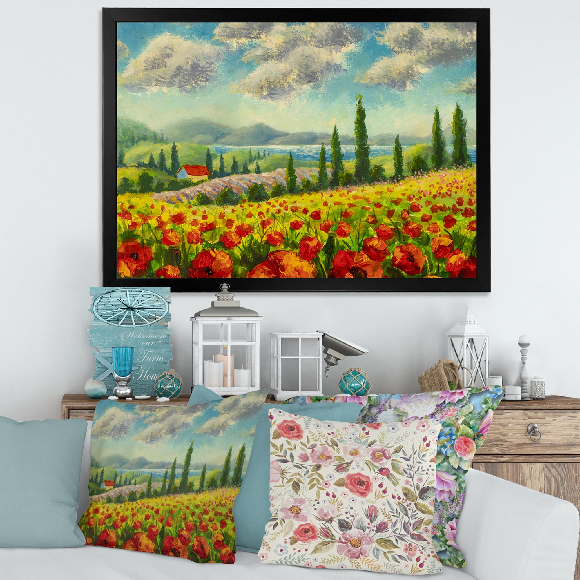Designart 'Beautiful Landscape With Poppies Flowers By Riverside' Traditional Framed Art Print