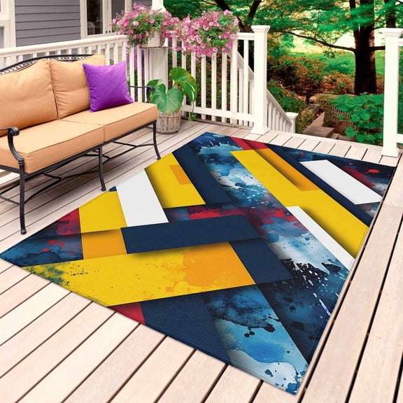 Yellow Blue Red Geometric Outdoor Rug for Patio/Deck/Porch, Non-Slip Large Area Rug 4 x 6 Ft, Modern Color Splash Indoor Outdoor Rugs Washable Area Rugs, Reversible Camping Rug Carpet Runner
