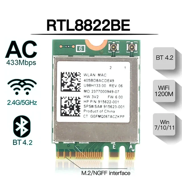 HP Realtek RTL8822BE WiFi 802.11ac Bluetooth 4.2 M.2 Wireless Card - 915622-001