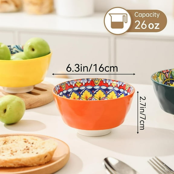 Ceramic Cereal Bowls 6.3in Set of 6 - 26oz, Microwave & Dishwasher Safe Bowls for Salad, Oatmeal, Dessert, Pasta, Soup, Ice Cream