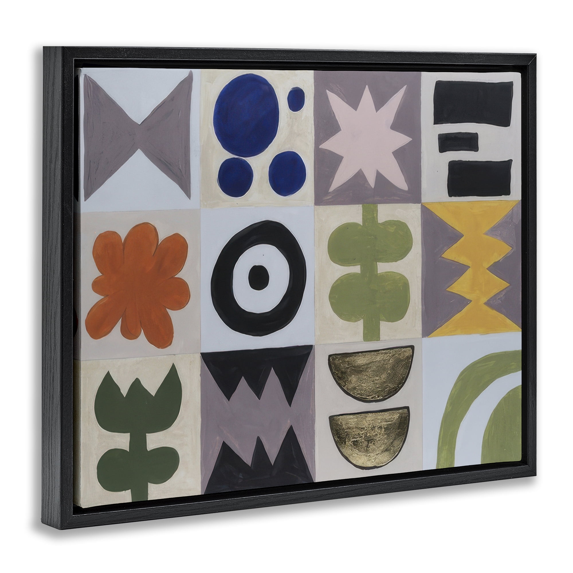 Stupell Industries Contemporary Tulips & Shapes Abstract Painting Black Floater Framed Canvas Art Print Wall Art, 31 x 25
