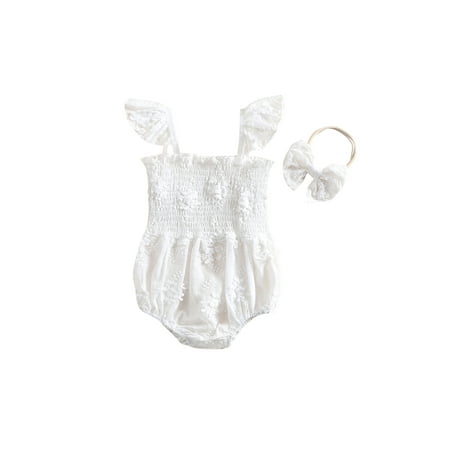 

Nokpsedcb Infant Baby Girls Summer Romper Flying Sleeves Elastic Bust Flower Pattern Jumpsuit + Bow Headband White 12-18 Months