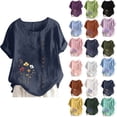 thumbnail image 2 of DYTTDG Women's Floral Print Linen Blend Top, Casual Summer T-Shirt With Crew Neck Short Sleeve Button, 2 of 5