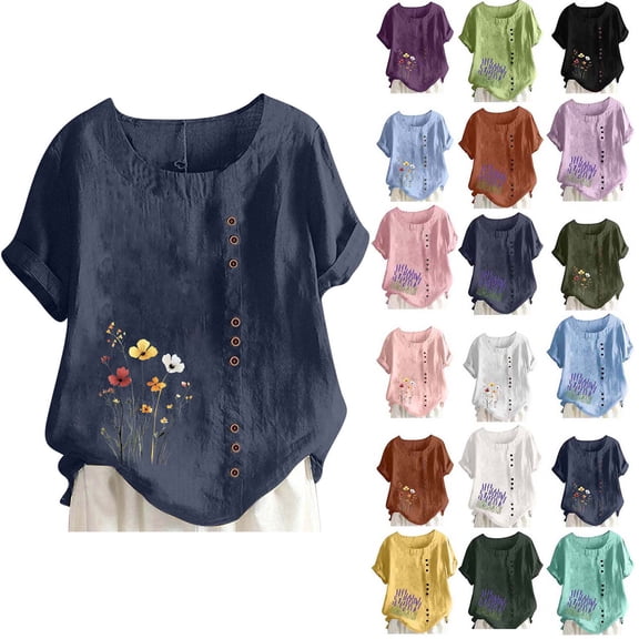 DYTTDG Women's Floral Print Linen Blend Top, Casual Summer T-Shirt With Crew Neck Short Sleeve Button