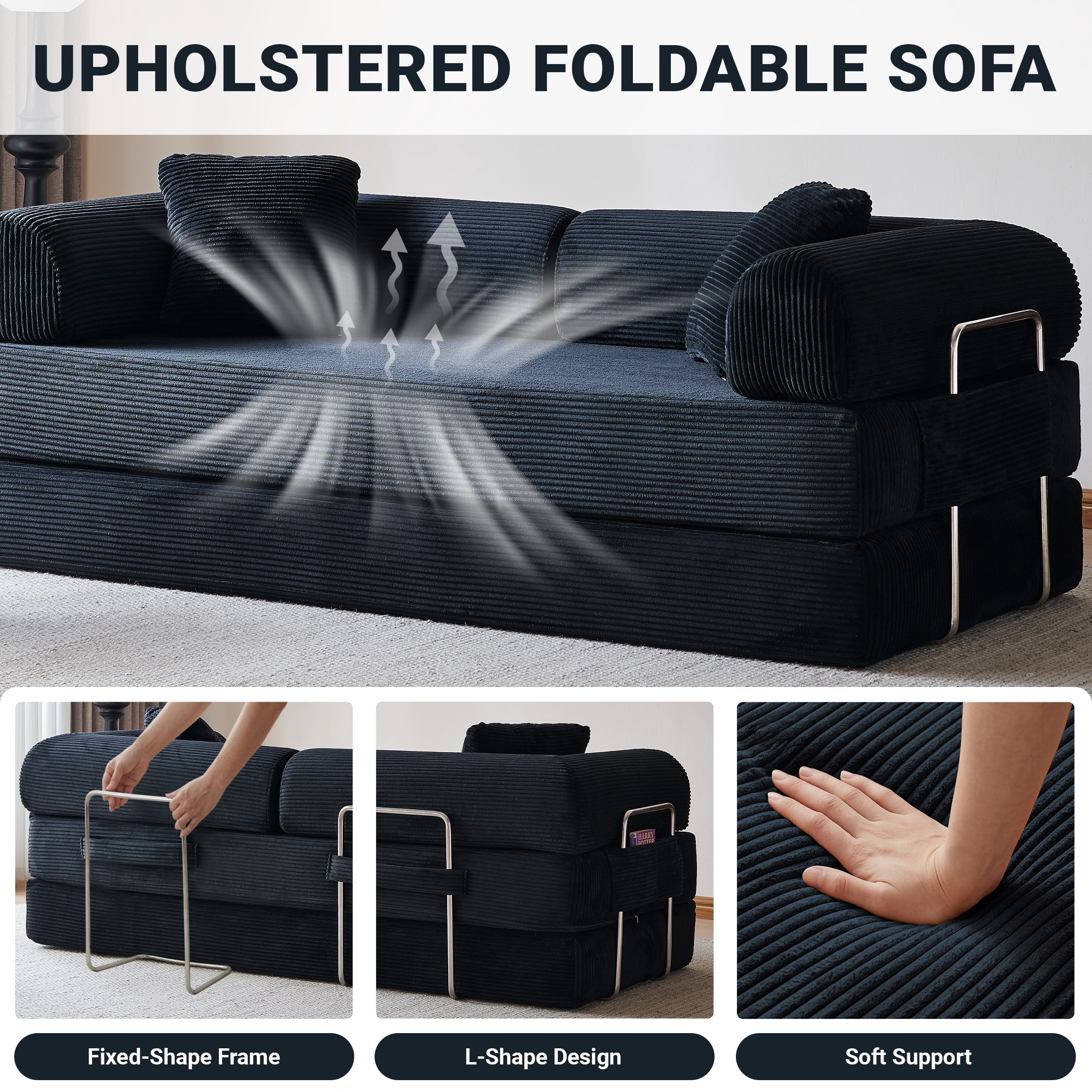 Vanress 78" Convertible Sofa Bed, Folding Sleeper Sofa Couch Bed with Fixed-Shape Frame, Pull-Out Sleeper Loveseat, Corduroy Boneless Futon Bed, No Assembly Required for Living Room & Bedroom, Black