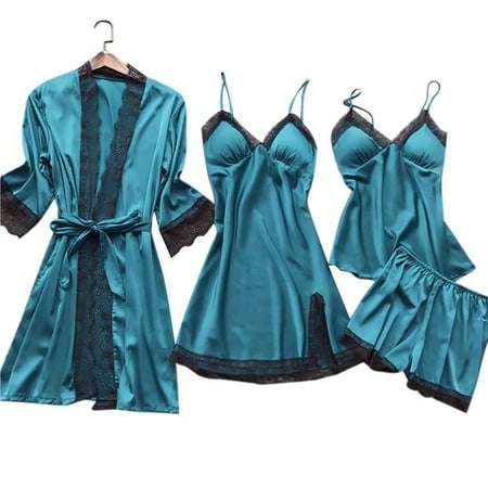 

2022 Women Pajamas Sets Satin Sleepwear Silk 4 Pieces Nightwear Pyjama Strap Lace Sleep Lounge Pajama With Chest Pads