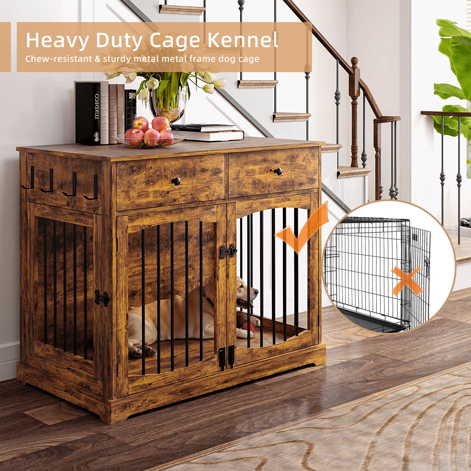 Flictozena 40 Inch Dog Crate Furniture - House Style Wooden Pet Kennel with 2 Doors for Indoor Large Dogs, Brown