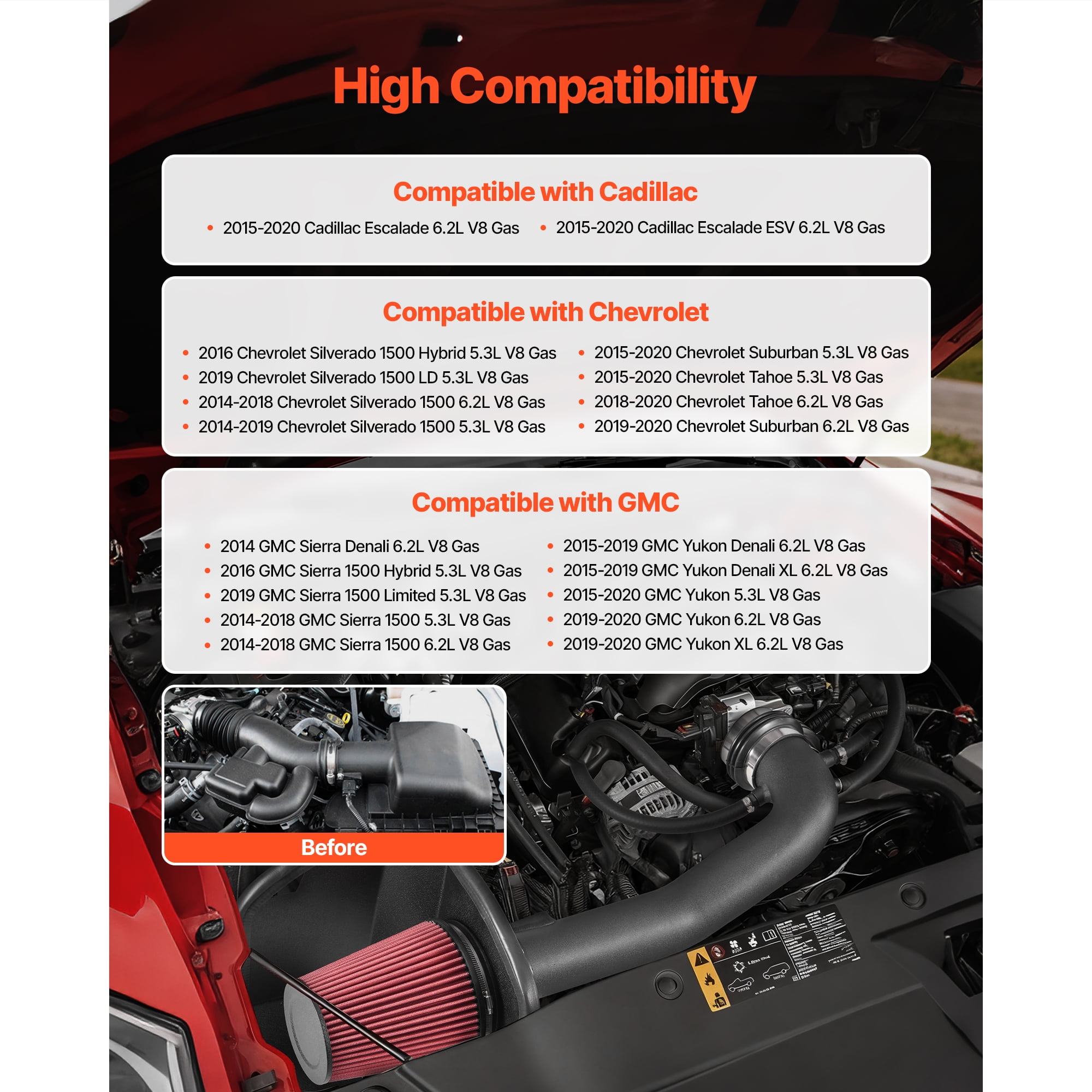 KFFKFF 3.5 Inch Cold Air Intake System with Heat Shield, Compatible with 2014-2018 Chevy Silverado/GMC Sierra and 2015-2020 Cadillac Escalade 6.2L, Enhanced Airflow and Performance Filter Kit