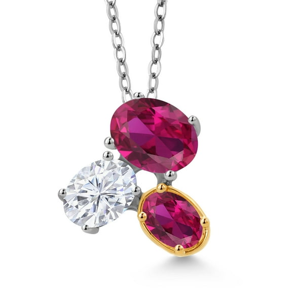 Gem Stone King 925 Silver and 10K Yellow Gold Red Created Ruby and White Moissanite Pendant Necklace for Women (2.75 Cttw, Oval 8X6MM, 7X5MM and 6X4MM, Gemstone July Birthstone, 18 inch Chain)