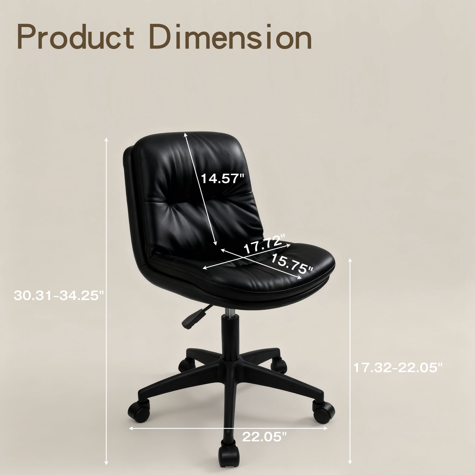 Vanity Chair with Back, PU Leather Swivel Office Desk Chair, Height Adjustable Armless Chair for Small Spaces, Bedroom, Vanity, Home Office Black