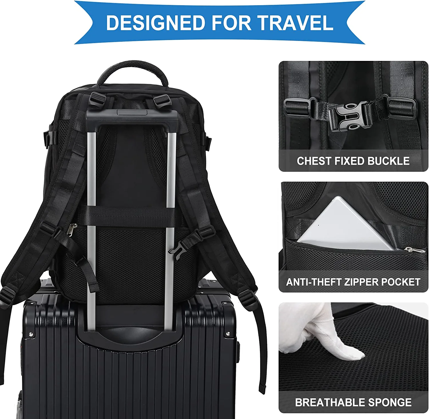 Large Backpack Women, Men Carry On Backpack,Hiking Backpack Waterproof Outdoor Sports Casual Daypack Airplane Approved Backpack Student School Bag Black