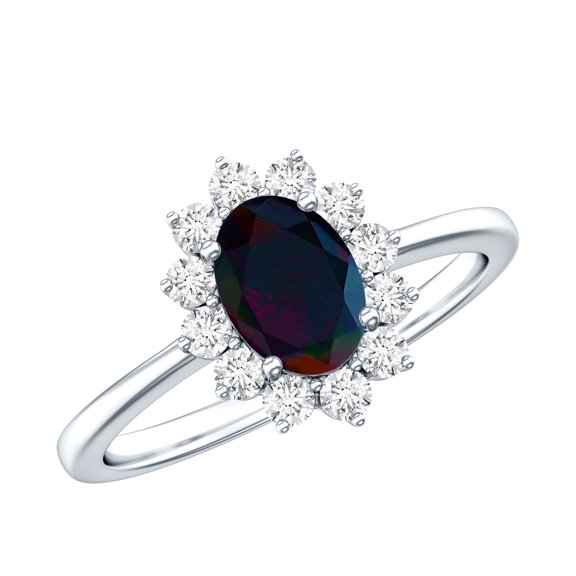 Rosec Jewels Princess Diana Inspired Ring for Women, Oval Black Opal Ring with Diamond Halo, 925 Sterling Silver, US 4.00